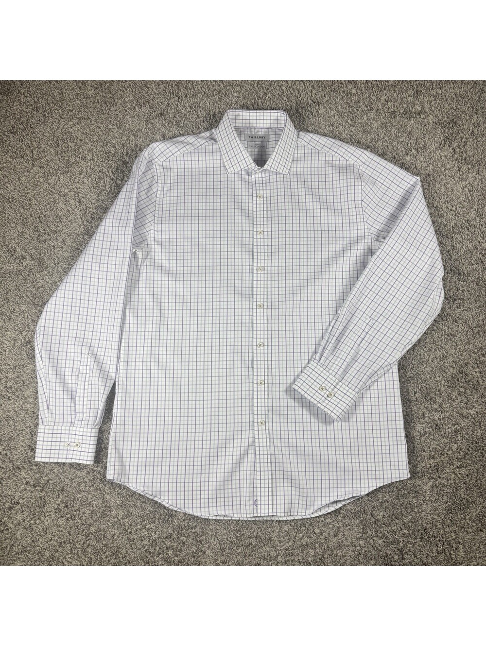 Twillory Safe Cotton Shirt Men Sz 17.5 36/3White Checked Blue Purple Long Sleeve